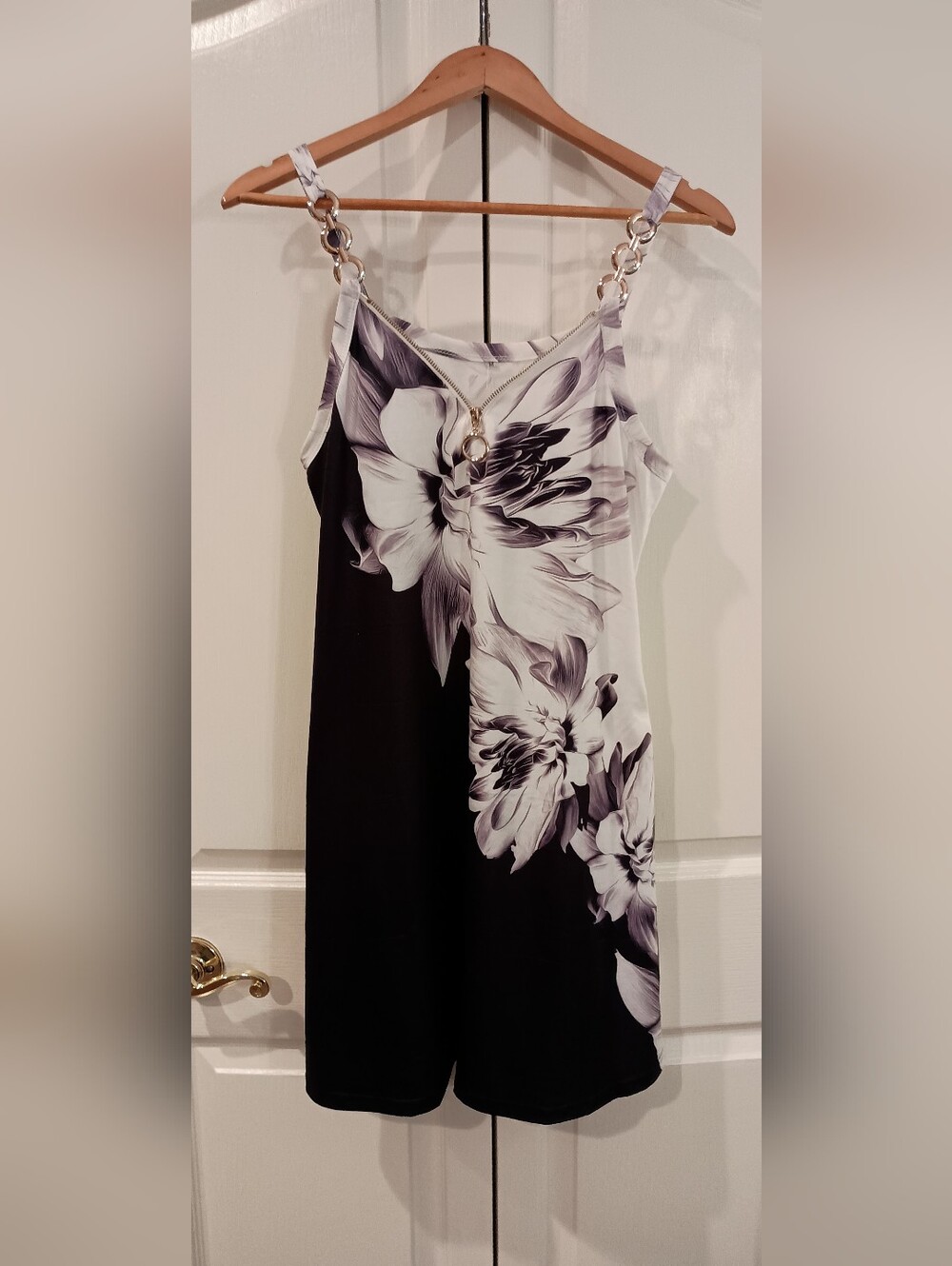 Black & White & Purple  Floral Slip Dress with Zip Accent